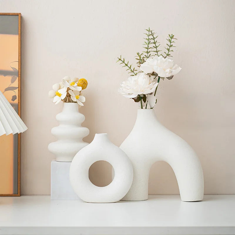Bohemian Ceramic Vases Set of 3 White Round Geometric Design Handmade Terracotta Flower Pot Home Decor